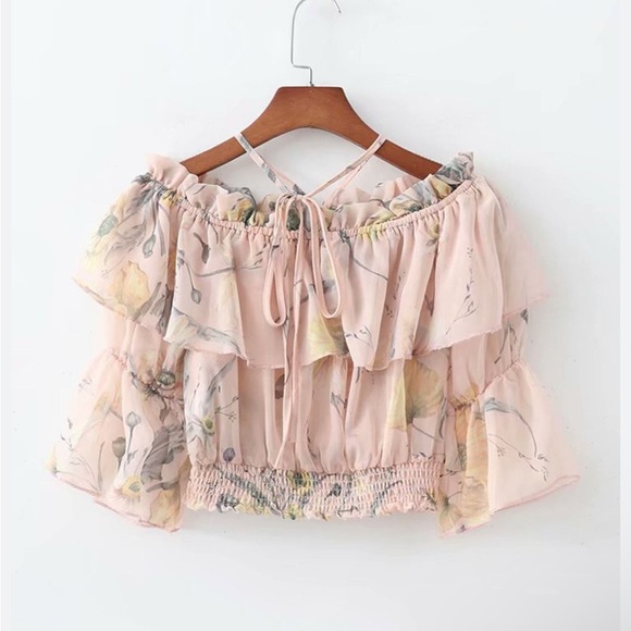 H&M hm Off the Shoulder Ruffle Beige Pink Yellow Floral Print Chiffon Top 2 NWT - Picture 3 of 16